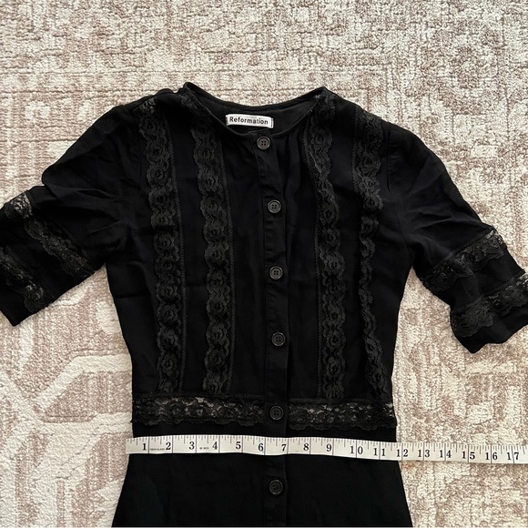 Reformation Woodson Dress Black Sz 0 Lace Insets Semi-Sheer Puff Sleeves Ruffle - Picture 11 of 13